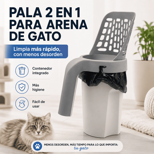 PALA 2 EN 1 PARA ARENA DE GATO CON CONTENEDOR